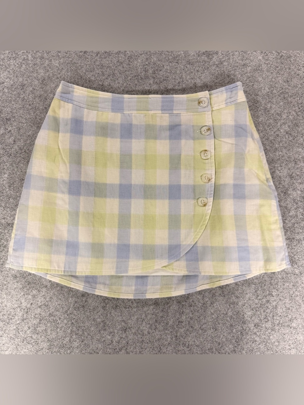 Hem & Thread Pastel Gingham Wrap Mini Skirt Blue Yellow Plaid Button Front Small